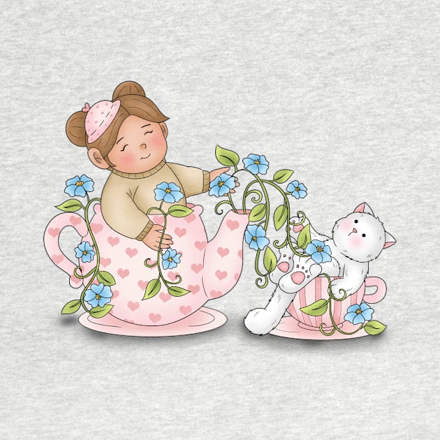 Girl And Cat Inside Tea Cup by Athikan